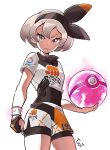  1girl :&lt; artist_name black_bodysuit black_gloves black_hairband bodysuit bodysuit_under_clothes bow clenched_hand collared_shirt commentary_request cowboy_shot dynamax_ball gloves glowing grey_eyes grey_hair gym_leader hairband highres holding holding_poke_ball looking_at_viewer looking_down partly_fingerless_gloves poke_ball pokemon pokemon_(game) pokemon_swsh print_shirt print_shorts saitou_(pokemon) shadow shirt short_hair short_sleeves shorts simple_background single_glove solo tied_shirt toot two-tone_gloves white_background wristband 