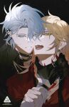  2boys alternate_costume antenna_hair black_choker black_gloves black_shirt blonde_hair blue_eyes bluesky_username braid chest_tattoo choker commentary earclip facial_tattoo gloves gradient_hair hair_between_eyes half_gloves hand_on_another&#039;s_neck highres holding_another&#039;s_wrist honkai:_star_rail honkai_(series) male_focus medium_hair multicolored_hair multiple_boys mydei_(honkai:_star_rail) official_alternate_costume parted_bangs phainon_(honkai:_star_rail) ponytail red_hair red_tattoo shirt short_hair side_braid tattoo toru8w8 twitter_username white_hair yaoi yellow_eyes 