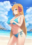  1girl ahoge alternate_costume bangs bare_arms bare_shoulders beach bikini blue_bikini blue_eyes blue_sky blush braid breasts chagama_teishoku cloud commentary_request cowboy_shot day eyebrows_visible_through_hair groin hair_ribbon halterneck hand_on_own_chest highres large_breasts long_hair ocean orange_hair outdoors parted_lips pecorine princess_connect! princess_connect!_re:dive red_ribbon ribbon sand side-tie_bikini side_braid sky solo standing string_bikini sweat swimsuit tiara very_long_hair 