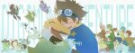  3girls 5boys agumon bird blonde_hair blue_eyes blue_hair blue_shirt brown_eyes brown_hair bug closed_eyes copyright_name dated digimon digimon_(creature) digimon_adventure digimon_day dress gabumon goggles goggles_on_head gomamon green_shirt group_picture hat highres ishida_yamato izumi_koshiro kido_jo limit_deji long_hair multiple_boys multiple_girls palmon patamon pink_hat piyomon plant_monster red_dress running seal_(animal) shirt short_hair simple_background tachikawa_mimi tailmon takaishi_takeru tentomon white_background white_shirt yagami_hikari yagami_taichi yellow_shirt 