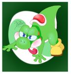  ambiguous_gender arched_back belly blush bordered_background clothing dinosaur footwear gigiolliwilli glistening glistening_body green_background green_body green_yoshi mario_bros nintendo raised_tail reptile scalie shell shoes simple_background solo tongue tongue_out video_games white_belly white_cheeks yellow_boots yoshi 