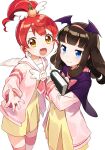  2girls :d book bow bowtie brown_hair capelet coat commentary_request dress food-themed_hair_ornament hair_ornament hairband holding holding_book kurosu_aroma long_sleeves medium_hair multiple_girls necktie open_mouth orange_hair_ornament paprika_private_academy_school_uniform pink_bow pink_bowtie pink_coat pink_hairband pink_necktie pink_thighhighs pleated_dress ponytail pretty_series pripara purple_capelet red_hair sailor_collar sailor_dress school_uniform shiratama_mikan short_bangs short_dress short_hair sidelocks smile tareme thighhighs usalxlusa white_sailor_collar wing_hair_ornament yellow_eyes 