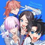  anniversary black_hair blue_background blue_eyes blush chaldea_security_organization fate/grand_order fate_(series) fou_(fate) fujimaru_ritsuka_(female) fujimaru_ritsuka_(male) glasses gloves green_eyes hair_over_one_eye highres jacket leonardo_da_vinci_(fate) long_hair looking_at_viewer one_eye_closed open_mouth orange_hair pink_hair ponytail purple_eyes romani_archaman shirt short_hair simple_background smile temu_(tem27) v 