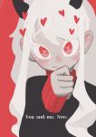  &lt;3 &lt;3_eyes 5_fingers absurd_res black_horn clothing demon english_text female fingers hair helltaker hi_res horn humanoid long_hair looking_at_viewer modeus_(helltaker) mrsscheffera not_furry red_background red_eyes simple_background solo text turtleneck white_eyelashes white_hair 