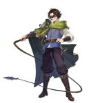  1boy aiguillette arm_guards armor artist_request belt belt_buckle black_mask blue_vest boots brown_belt brown_boots brown_hair buckle cape dionis_totemeros domino_mask facial_hair game_cg gem goddess_order green_cape green_eyes grey_pants hand_on_own_hip high_collar highres holding holding_weapon holding_whip jewelry long_mustache long_sleeves looking_at_viewer male_focus mask mustache non-web_source official_art pants pauldrons puffy_long_sleeves puffy_sleeves red_gemstone shirt short_hair shoulder_armor simple_background single_pauldron smile solo standing striped_clothes striped_pants tachi-e transparent_background vertical-striped_clothes vertical-striped_pants vest weapon white_shirt 