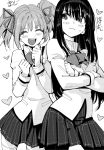  2girls ^_^ akemi_homura black_eyes black_hair black_hairband black_legwear black_skirt blush bonkara_(sokuseki_maou) clenched_hands closed_eyes closed_mouth cowboy_shot crossed_arms dot_nose excited eyebrows_visible_through_hair greyscale hair_between_eyes hair_ribbon hairband hands_up happy heart high_collar juliet_sleeves kaname_madoka legs_apart long_hair long_sleeves looking_at_another looking_to_the_side mahou_shoujo_madoka_magica mitakihara_school_uniform monochrome multiple_girls neck_ribbon nervous open_mouth pantyhose pleated_skirt puffy_sleeves ribbon school_uniform shiny shiny_hair short_twintails sidelocks simple_background skirt smile standing sweatdrop teeth thighhighs translation_request twintails uniform upper_teeth wavy_mouth white_background white_legwear zettai_ryouiki 
