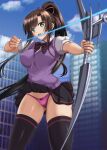  1girl black_skirt black_thighhighs blue_sky blurry blurry_background bow bow_(weapon) bowtie breasts brown_hair building commentary_request drawing_bow green_eyes hair_ribbon high_ponytail highres holding holding_bow_(weapon) holding_weapon kirasaka_sayaka large_breasts long_hair looking_at_viewer m.i.y miniskirt open_mouth outdoors paid_reward_available panties pantyshot pink_ribbon ponytail purple_panties purple_sweater_vest ribbon school_uniform skirt sky skyscraper solo strike_the_blood sweater_vest thighhighs underwear weapon 