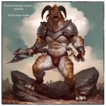 4_horns anthro armor axe black_nose body_hair bovid bracers canid canine caprine claws clothing dewclaw favenier goat happy_trail holding_object holding_weapon horn hybrid male mammal melee_weapon mohawk multi_horn muscular muscular_male open_mouth outside pauldron rock solo standing taran_fiddler teeth tongue underwear weapon