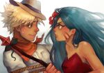  1boy 1girl adventurer_cookie ao-tsuyu aqua_hair bandana blonde_hair blue_hair breasts cleavage cookie_run cookie_run:_braverse cookie_run:_kingdom dark_skin dress flower hair_flower hair_ornament hat humanization long_hair polearm red_eyes shirt short_hair spear tiger_lily_cookie very_long_hair weapon 