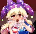  1girl american_flag_dress blonde_hair blush bukkake clownpiece cum cum_in_mouth facial fairy_wings fuurisuto hair_between_eyes hat heart heart-shaped_pupils jester_cap long_hair looking_at_viewer neck_ruff open_mouth polka_dot purple_headwear red_background red_eyes short_sleeves simple_background solo star_(symbol) star_print striped symbol-shaped_pupils tears tongue tongue_out touhou transparent_wings upper_body uvula wings 