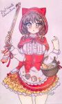  1girl 2020 :o absurdres animal_ear_hood animal_ears apron basket bottle bow braid bread brown_hair buttons capelet cat_ears cat_hair_ornament center_frills character_name character_print commentary corset cosplay cowboy_shot dot_nose english_commentary expressionless eyelashes food frilled_apron frilled_shirt_collar frilled_skirt frills gun hair_bow hair_ornament hair_over_shoulder hairclip heart_button high_collar highres holding holding_gun holding_weapon hood hood_up hooded_capelet instagram_username light_blush little_red_riding_hood_(fairy_tale) little_red_riding_hood_(fairy_tale_character) little_red_riding_hood_(fairy_tale_character)_(cosplay) long_hair long_sleeves looking_at_viewer miniskirt miracle_nikki multicolored_skirt nikki_(series) open_mouth orange_skirt puffy_long_sleeves puffy_sleeves red_bow red_capelet red_corset red_hood's_adventure_(miracle_nikki) red_ribbon ribbon shirt shotgun signature skirt solo standing straight-on thighs traditional_media turtleneck turtleneck_shirt twin_braids waist_apron waist_bow watermark weapon white_apron white_shirt wine_bottle yamisaan yellow_bow yellow_eyes yellow_pupils yellow_skirt 