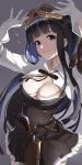  1girl absurdres aiu_eo bangs black_eyes black_hair breasts cleavage firearm gloves goggles goggles_on_head granblue_fantasy gun handgun highres jessica_(granblue_fantasy) large_breasts long_hair looking_at_viewer pistol ribbon simple_background smile solo weapon white_gloves 