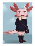  amphibian anthro axey_(wazzaldorp) axolotl bottomwear breath clothing female hands_in_pockets hi_res jacket legwear mole_salamander pink_eyes pockets real_axolotl_hours salamander_(amphibian) skirt snow socks solo topwear wazzaldorp winter 