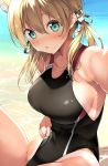  1girl anchor_hair_ornament animal_ears aqua_eyes black_swimsuit blonde_hair breasts commentary_request competition_swimsuit fox_ears hair_ornament highres inuzumi_masaki kantai_collection large_breasts long_hair looking_at_viewer low_twintails one-piece_swimsuit one-piece_tan prinz_eugen_(kantai_collection) sitting solo swimsuit tan tanline twintails 
