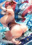  1girl ass azur_lane bangs bare_shoulders blue_eyes blue_sky blush breasts elbow_gloves feet french_flag gloves hair_ornament highleg highleg_swimsuit highres large_breasts long_hair looking_at_viewer one_side_up open_mouth pink_hair sideboob signo_aaa sitting sky smile soles surcouf_(azur_lane) swimsuit toeless_legwear wariza water white_gloves white_legwear 