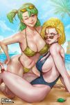  android_18 bikini blonde_hair blue_hair blue_sky breasts bulma camouflage camouflage_bikini dragon_ball dragon_ball_z english_commentary heart heart_eyes hibren highres large_breasts looking_at_viewer muten_roushi one-piece_swimsuit sand side-tie_bikini sideboob sky smile sunglasses swimsuit tongue tongue_out turtle 
