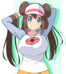  1girl adjusting_hair arms_up blue_eyes blush breasts brown_hair double_bun hair_bun large_breasts long_sleeves low_twintails mei_(pokemon) pokemon pokemon_(game) pokemon_bw2 shirt shorts smile solo tamezou twintails upper_body visor_cap 