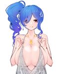  1girl azur_lane bare_shoulders blue_hair breasts cleavage closed_mouth collarbone commentary_request cowl_neck dress earrings evening_gown grey_dress hair_between_eyes hair_ornament hairclip halter_dress halterneck huge_breasts jewelry long_hair looking_at_viewer moriligan necklace official_alternate_costume pink_eyes plunging_neckline revealing_clothes side_ponytail sidelocks silver_dress smile solo st._louis_(azur_lane) st._louis_(luxurious_wheels)_(azur_lane) strap_pull 