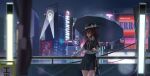 1girl balcony black_hat black_skirt black_vest blurry bow braid brown_eyes brown_hair buckle building character_name cirno cityscape closed_mouth cloud cloudy_sky collared_shirt commentary_request cyberpunk depth_of_field error_message feet_out_of_frame folding_sign grey_umbrella hair_bow hakurei_reimu hand_on_railing hat hat_bow holding holding_umbrella lamp long_sleeves looking_to_the_side necktie neon_lights night no_symbol profile railing red_necktie rooftop s2535151 screen shirt side_slit sign single_braid skirt sky skyscraper solo spotlight thighs torii touhou umbrella usami_renko vest water_drop white_bow white_shirt window_light 