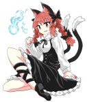  1girl :3 animal_ears bare_legs black_bow black_dress black_footwear black_neckwear black_ribbon bow braid cat_ears cat_girl cat_tail chups dress eyebrows_visible_through_hair fang frilled_dress frills hair_bow highres hitodama kaenbyou_rin long_sleeves looking_at_viewer maid_dress multiple_tails neckwear red_eyes red_hair red_nails ribbon sleeves solo tail touhou twin_braids two_tails white_background white_frills white_sleeves 