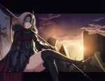  1girl armor armored_dress bangs banner black_dress black_legwear crossed_legs dress eyebrows_visible_through_hair fate/grand_order fate_(series) faulds gauntlets grin hair_between_eyes headpiece highres holding jeanne_d&#039;arc_(alter)_(fate) jeanne_d&#039;arc_(fate)_(all) looking_at_viewer monon red_eyes short_hair silver_hair sitting smile solo thighhighs 