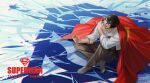  1boy black-framed_eyewear black_hair black_pants burn_(515123013) cape cape_grab character_name clark_kent closed_eyes clothes_grab collared_shirt commentary dated dc_comics english_commentary glasses grey_socks hand_on_own_shoulder highres holding knee_up male_focus pants red_cape shirt sitting sleeve_cuffs socks solo superman superman_(series) superman_logo white_shirt wing_collar 