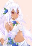  1girl armpits azur_lane bangs bare_shoulders beige_background blue_flower blue_rose blush bodypaint breasts center_opening commentary_request crop_top crossed_bangs dark_skin detached_sleeves dress eyebrows_visible_through_hair facepaint flower groin hair_between_eyes hair_ornament high_ponytail highres long_hair looking_at_viewer medium_breasts midriff minneapolis_(azur_lane) native_american navel origami_aya ponytail red_eyes revealing_clothes rose shirt shirt_tug sidelocks signature simple_background skirt sleeveless sleeveless_shirt smile solo sparkle standing upper_body wedding_dress white_hair white_shirt white_skirt white_sleeves 