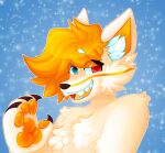 4_fingers absurd_res anthro black_claws blue_background blue_eyes canid canine chest_tuft claws finger_claws fingers fluffy fluffy_chest fox fur hair handpaw heterochromia hi_res inner_ear_fluff looking_at_viewer male male_(lore) male_anthro mammal nik+nixon_(nik321nik432) nude nude_anthro nude_male orange_hair orange_inner_ear orange_lines orange_mouth orange_tongue outline paws red_eyes roonycomm simple_background solo thick_fingers thick_pawpads tongue tuft white_body white_ears white_fur white_inner_ear_fluff white_outline white_tuft