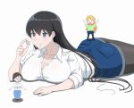  3girls arato_nagi ass black_hair black_pantyhose blue_eyes blue_hair blue_pants blue_shorts breast_press breasts brown_hair cleavage collarbone collared_shirt colored_inner_hair commentary_request denim denim_shorts earrings glasses green_shirt highres holding imari_youko jeans jewelry large_breasts long_hair lying mini_person minigirl multicolored_hair multiple_girls on_stomach orange_hair osage_gankyou pants pantyhose rock ruri_no_houseki semi-rimless_eyewear shirt shorts simple_background smile standing stud_earrings tanigawa_ruri two-tone_hair under-rim_eyewear white_background white_shirt 