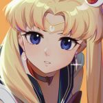  1girl bishoujo_senshi_sailor_moon blonde_hair blue_eyes blue_sailor_collar choker circlet collared_shirt crescent crescent_earrings earrings hair_intakes hair_ornament heart heart_choker highres jewelry long_hair looking_at_viewer orange_background parted_lips portrait red_neckwear sailor_collar sailor_moon sailor_moon_redraw_challenge sailor_shirt shiny shiny_hair shirt simple_background solo sparkle sweatdrop twintails white_shirt xtears_kitsune 
