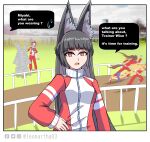  4girls animal_ear_fluff animal_ears bangboo_(zenless_zone_zero) black_hair blonde_hair blurry blurry_background border bow bright_pupils brown_hair colored_inner_hair crossover day ear_bow ear_covers english_text facebook_logo fox_ears gold_ship_(umamusume) grey_hair hair_bow high_ponytail highres horse_ears horse_girl horse_racing_track horse_tail hoshimi_miyabi instagram_logo jacket ju_fufu leonartha03 long_hair long_sleeves looking_at_viewer motion_blur multicolored_hair multiple_girls open_mouth outdoors pants pillbox_hat ponytail red_eyes running sakura_bakushin_o_(umamusume) sculpting sculpture shoes standing tail tail_bow tail_ornament tiger_ears tiger_girl tiger_tail tracen_training_uniform track_jacket track_pants track_suit twitter_logo two-tone_hair umamusume very_long_hair white_pupils zenless_zone_zero zipper 