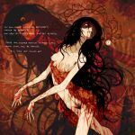  1girl blood blood_on_arm blood_on_hands breasts english_text female_pubic_hair food guro highres horror_(theme) intestines jejejunum jejenum_(jejejunum) long_hair looking_at_viewer maggot mask meat nipples nude old original pubic_hair scar skinny small_breasts solo unkempt 