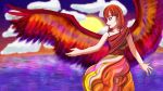  1girl angel_wings blue_eyes cloud crimson_sunbird crossover danganronpa dress multicolored multicolored_background nanami_chiaki ocean red_hair smile sunlight twilight wings yuu-gi-ou 