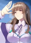  1girl absurdres arm_up blazer blue_sky blunt_bangs blush braid breasts breath brown_hair collared_shirt crown_braid fingernails hair_intakes hand_up happy_birthday heaven_burns_red highres jacket kiryuu_miya large_breasts long_hair long_sleeves looking_ahead neck_ribbon negino_yurine parted_lips purple_ribbon red_eyes ribbon school_uniform shading_eyes shirt short_hair sidelocks sky solo straight_hair upper_body visible_air white_jacket white_shirt 