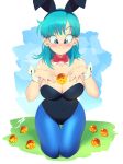  1girl absurdres aetherion animal_ears aqua_eyes aqua_hair between_breasts blush breasts bulma bunny_ears bunnysuit cleavage dragon_ball hands_on_own_chest highres kneeling large_breasts pantyhose solo 