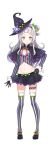  1girl bangs black_skirt blunt_bangs blush brown_gloves closed_mouth full_body gloves grey_hair grey_legwear hand_on_hip hat hat_ornament hololive long_hair looking_at_viewer midriff multicolored multicolored_eyes murasaki_shion navel neck_ribbon official_art one_side_up purple_headwear red_neckwear red_ribbon ribbon skirt smile solo striped striped_legwear tam-u thighhighs transparent_background vest 