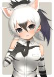  1girl aardwolf_(kemono_friends) aardwolf_ears absurdres animal_ear_fluff bangs bare_shoulders black_eyes black_hair black_neckwear commentary deku_suke elbow_gloves extra_ears gloves hair_between_eyes highres kemono_friends long_hair looking_at_viewer multicolored_hair necktie parted_lips ponytail shirt simple_background sleeveless sleeveless_shirt solo upper_body white_background white_hair 