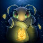  1:1 absurd_res antennae_(anatomy) anthro arthropod atmospheric big_eyes female fire fluffy harsh_lighting hi_res insect lepidopteran magnamorpha mane moth solo white_body yellow_eyes 