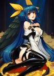  1girl ass asymmetrical_wings belt black_legwear blue_hair blush breasts choker cleavage cubehero dizzy_(guilty_gear) food gold guilty_gear guilty_gear_xrd hair_ribbon highres large_breasts long_hair muffin open_mouth parted_lips red_eyes ribbon smile squirrel tail tail_ribbon thick_thighs thigh_strap thighhighs thighs treasure wings yellow_ribbon 