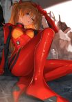  1girl bangs blue_eyes bodysuit breasts brown_hair eyebrows_visible_through_hair hair_between_eyes hand_on_head headgear long_hair looking_at_viewer neon_genesis_evangelion nima_(niru54) parted_lips plugsuit red_bodysuit shiny shiny_clothes shiny_hair sitting small_breasts solo souryuu_asuka_langley very_long_hair 