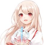  1girl :d bangs blonde_hair blush commentary_request drinking_straw eyebrows_visible_through_hair fate/grand_order fate_(series) highres holding illyasviel_von_einzbern long_hair looking_at_viewer open_mouth puffy_short_sleeves puffy_sleeves red_eyes shirt short_sleeves simple_background slime_(user_jpds8754) smile solo white_background white_shirt 
