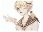  1boy animal_on_shoulder bandage_over_one_eye bandages bird bird_on_shoulder blonde_hair feathered_wings hat highres james_(vocaloid) looking_away male_focus neckerchief oliver_(vocaloid) one_eye_covered parted_lips sailor_collar sailor_hat sanpaku simple_background single_wing tency traditional_media upper_body vocaloid watercolor_(medium) white_background white_headwear wings yellow_eyes 