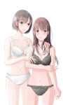  2girls :0 :d bangs bare_arms black_bra black_hair black_panties blue_eyes blush bow bow_bra bow_panties bra breasts brown_hair cleavage collarbone eyebrows_visible_through_hair floral_print hand_on_another&#039;s_shoulder height_difference highres kataguchi_iwashi long_hair looking_at_viewer multiple_girls navel open_mouth original panties short_hair simple_background small_breasts smile underwear underwear_only white_background white_bow white_bra white_panties 