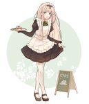  1girl alternate_costume apron black_dress black_footwear black_ribbon blonde_hair cake dress dress_lift enmaided food frilled_apron frills green_eyes hair_ribbon kantai_collection leaning_forward long_hair looking_at_viewer maid mary_janes ribbon shakemi_(sake_mgmgmg) shoes sign solo standing straight_hair tray waitress white_apron yuudachi_(kantai_collection) 