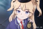 1girl blonde_hair blue_eyes blush collared_shirt eyebrows_visible_through_hair girls_frontline grin hat highres jacket long_hair necktie peaked_cap police_badge sailor_moon_redraw_challenge shirt smile solo super_shorty_(girls_frontline) sweatdrop sweater_vest tied_hair twintails xandier59 