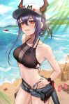  1girl arknights bangs bare_arms bare_shoulders baseball_cap beach belt bikini black_bikini blue_hair blue_sky blush breasts ch&#039;en_(arknights) cloud commentary cowboy_shot crab day dragon_horns dragon_tail eyebrows_visible_through_hair grey_shorts hair_between_eyes halterneck hand_on_hip hat heart highres horns horns_through_headwear kurisustinah long_hair looking_at_viewer medium_breasts nail_polish navel ocean outdoors parted_lips pink_lips pink_nails pouch red_eyes sand_castle sand_sculpture short_shorts shorts sidelocks sky smile solo standing stomach swimsuit tail thighs tied_hair watch water wristwatch 