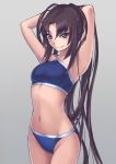  1girl armpits arms_behind_head arms_up asymmetrical_bikini bangs bikini blue_bikini blue_eyes blush breasts brown_hair closed_mouth collarbone cowboy_shot eyebrows_visible_through_hair fate/grand_order fate_(series) grey_background groin hair_between_eyes hair_intakes long_hair looking_at_viewer navel ponytail purutoppu_(toranohige) simple_background small_breasts smile solo sports_bikini standing swimsuit ushiwakamaru_(fate/grand_order) ushiwakamaru_(swimsuit_assassin)_(fate) very_long_hair 