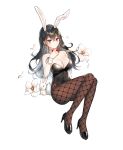  1girl absurdres animal animal_ears bare_shoulders black_footwear black_hair black_leotard bow bowtie breasts brown_legwear bunny bunny_ears bunny_girl bunny_tail bunnysuit cleavage commentary commission detached_collar fake_animal_ears fishnet_legwear fishnets flower full_body hair_between_eyes high_heels highres large_breasts leotard long_hair looking_at_viewer original pantyhose puckjjick_(belbesi19) purple_eyes simple_background solo strapless strapless_leotard tail thighs white_background white_flower wrist_cuffs 