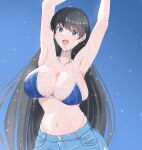  1girl arato_nagi armpits arms_up bikini bikini_under_shorts black_hair blue_bikini blue_eyes blue_sky breasts cleavage collarbone commentary_request cropped curvy denim denim_shorts highres large_breasts long_hair looking_at_viewer navel osage_gankyou outdoors presenting_armpit ruri_no_houseki short_shorts shorts simple_background sky smile solo standing swimsuit thighs very_long_hair 