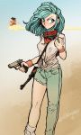  1boy 1girl asymmetrical_legwear bandana blue_eyes blue_hair breasts bulma closed_mouth cloud denim dragon_ball dragon_ball_(classic) dragon_ball_z dragon_radar flying goggles goggles_around_neck gun highres holding holding_gun holding_weapon jeans looking_away medium_hair neckerchief pants radar rifle shirt short_hair solo_focus son_gokuu tied_shirt torn_clothes torn_pants weapon wristband zillionaire 